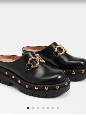Circus by Sam Edelman Black Leather Mule Loafers with Gold Chain & Studs